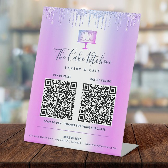 2 QR Code Pay Here Purple Cake Bakery Glitter Drip Pedestal Sign (Creator Uploaded)