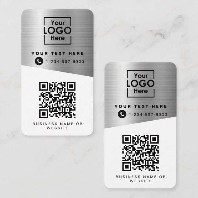 2 QR Codes 2 Business Logos & 2 Contacts Silver Business Card (Front/Back)