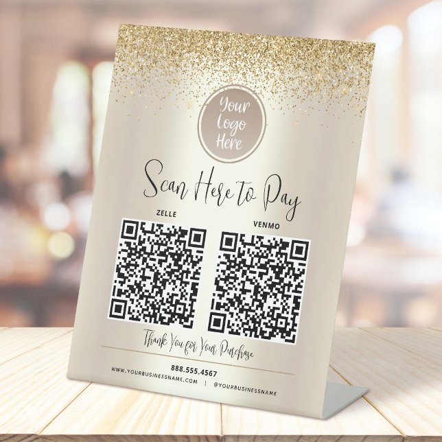 2 QR Codes Custom Logo Gold Glitter Scan Pay Here Pedestal Sign (Creator Uploaded)