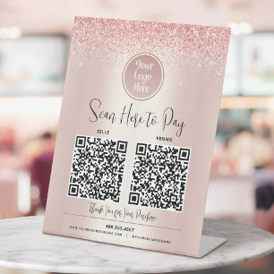 2 QR Codes Custom Logo Pay Here Rose Gold Glitter Pedestal Sign