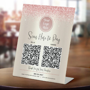 2 QR Codes Custom Logo Pink Glitter Pay Here Gold Pedestal Sign