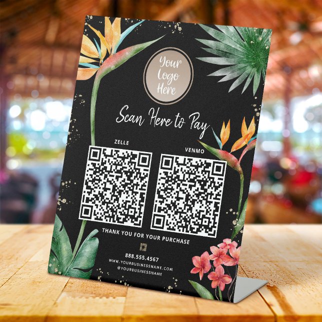 2 QR Codes Pay Here Logo Tropical Palm Black Gold Pedestal Sign (Creator Uploaded)