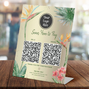 2 QR Codes Pay Here Logo Tropical Palm Gold Foil Pedestal Sign