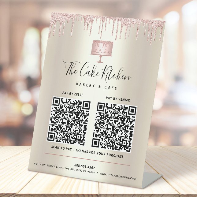 2 QR Codes Pay Here Pink Cake Bakery Glitter Gold Pedestal Sign (Creator Uploaded)