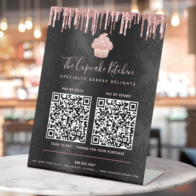 2 QR Codes Pay Here Pink Cupcake Glitter Black Pedestal Sign (Creator Uploaded)