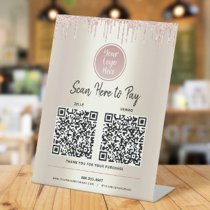 2 QR Codes Pay Here Pink Glitter Gold Custom Logo  Pedestal Sign