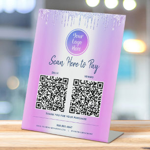 2 QR Codes Pay Here Purple Glitter Custom Logo Pedestal Sign