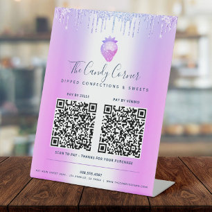 2 QR Codes Pay Here Purple Glitter Drip Strawberry Pedestal Sign