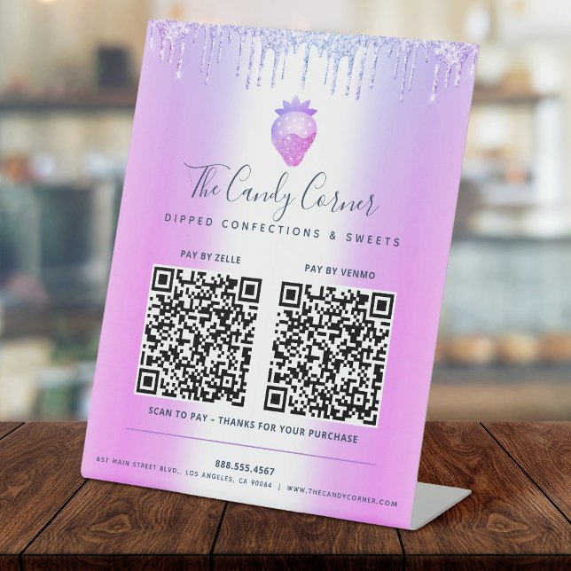 2 QR Codes Pay Here Purple Glitter Drip Strawberry Pedestal Sign (Creator Uploaded)