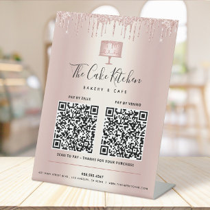 2 QR Codes Pay Here Rose Gold Cake Bakery Glitter Pedestal Sign