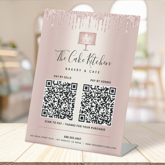 2 QR Codes Pay Here Rose Gold Cake Bakery Glitter Pedestal Sign (Creator Uploaded)