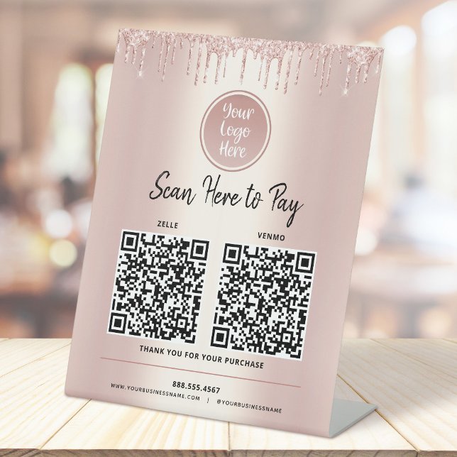 2 QR Codes Pay Here Rose Gold Glitter Custom Logo  Pedestal Sign (Creator Uploaded)