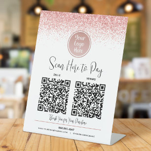 2 QR Codes Pink Glitter Custom Logo Pay Here White Pedestal Sign