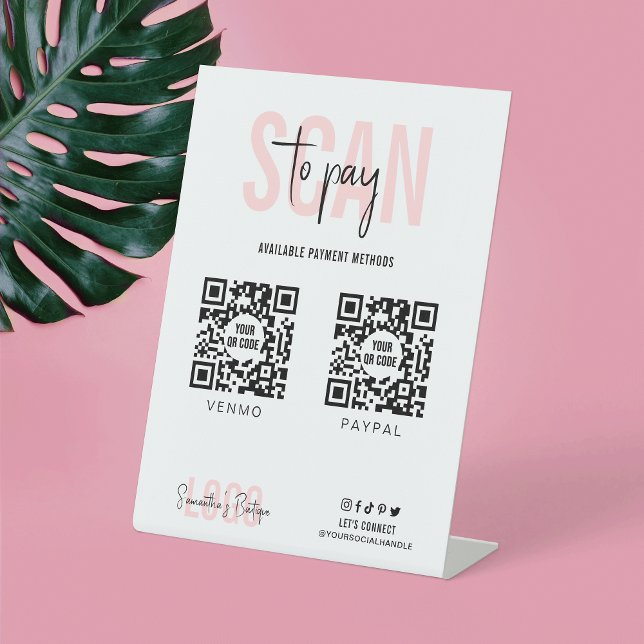 2 QR Codes Scan to Pay Feminine Pink Payment Pedestal Sign (Make a stylish payment sign for your business with this blush pink and white QR codes sign)