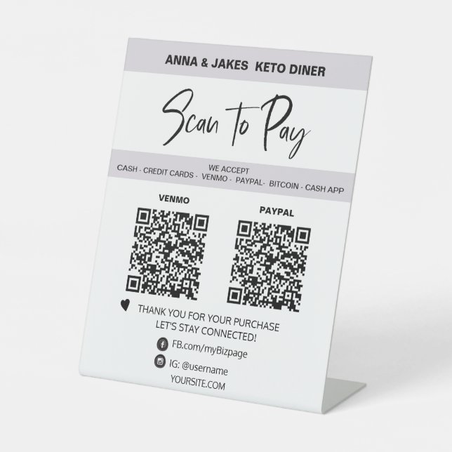 *~* 2 QR PAYMENT -  MINIMAL Tabletop  Table Tent  Pedestal Sign (Front)