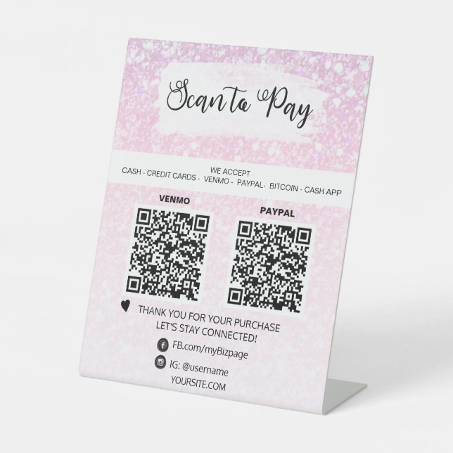 *~* 2 QR PAYMENT - Pink Tabletop Table Tent  Pedestal Sign (Front)