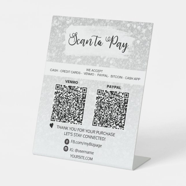 *~* 2 QR PAYMENT - Silver Tabletop Table Tent  Pedestal Sign (Front)
