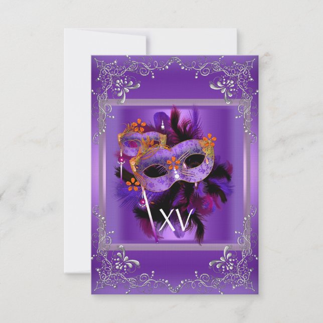 2 Reception Quinceanera Masquerade Mask Purple Invitation (Front)