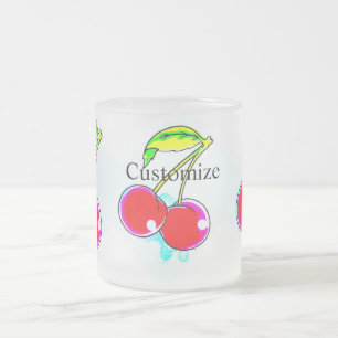 2 red cherries frosted glass coffee mug