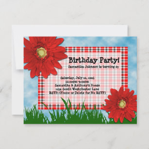 2 Red Gerbera Daisies Birthday Party Invitations