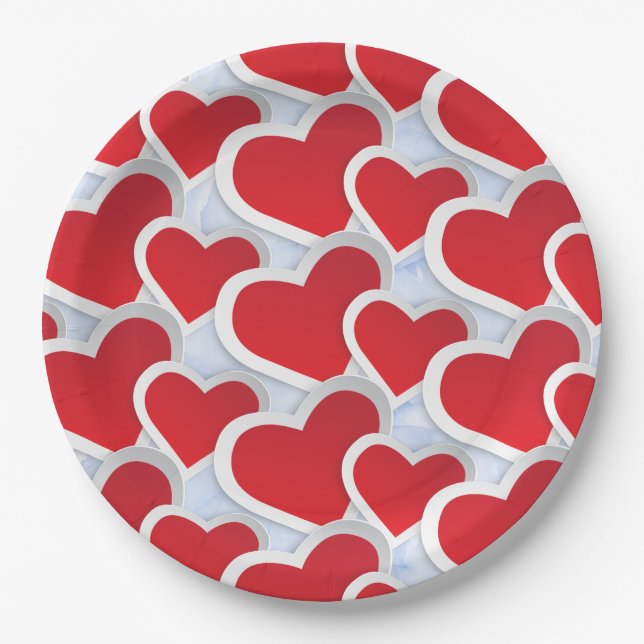 2 Red Hearts Repeating Pattern Cute Paper Plate (Front)