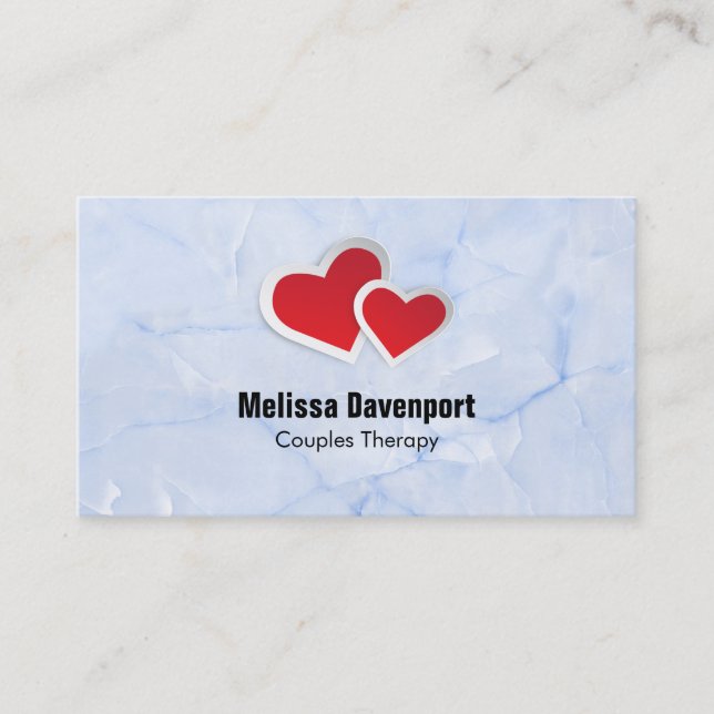 2 Red Paper Hearts on Icy Blue Marble Business Card (Front)