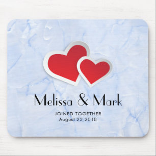 2 Red Paper Hearts on Icy Blue Marble Custom Mouse Mat