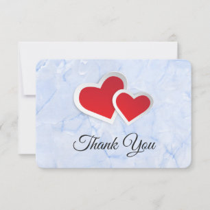 2 Red Paper Hearts on Icy Blue Marble Thank You Invitation