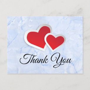 2 Red Paper Hearts on Icy Blue Marble Thank You Postcard