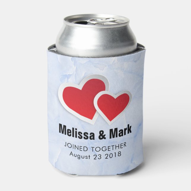 2 Red Paper Hearts on Icy Blue Marble Wedding Can Cooler (Can Front)