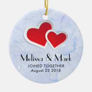 2 Red Paper Hearts on Icy Blue Marble Wedding Ceramic Tree Decoration