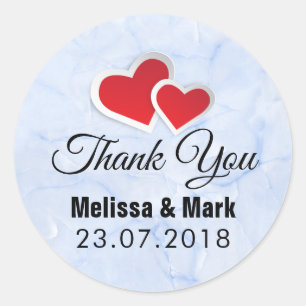 2 Red Paper Hearts on Icy Blue Marble Wedding Classic Round Sticker