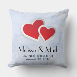 2 Red Paper Hearts on Icy Blue Marble Wedding Cushion