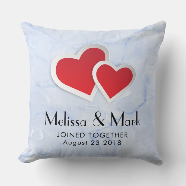 2 Red Paper Hearts on Icy Blue Marble Wedding Cushion (Front)