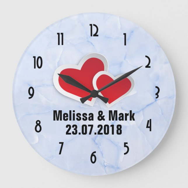 2 Red Paper Hearts on Icy Blue Marble Wedding Large Clock (Front)