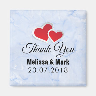 2 Red Paper Hearts on Icy Blue Marble Wedding Magnet