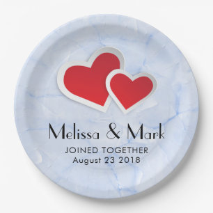 2 Red Paper Hearts on Icy Blue Marble Wedding Paper Plate