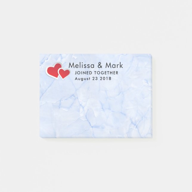 2 Red Paper Hearts on Icy Blue Marble Wedding Post-it Notes (Front)