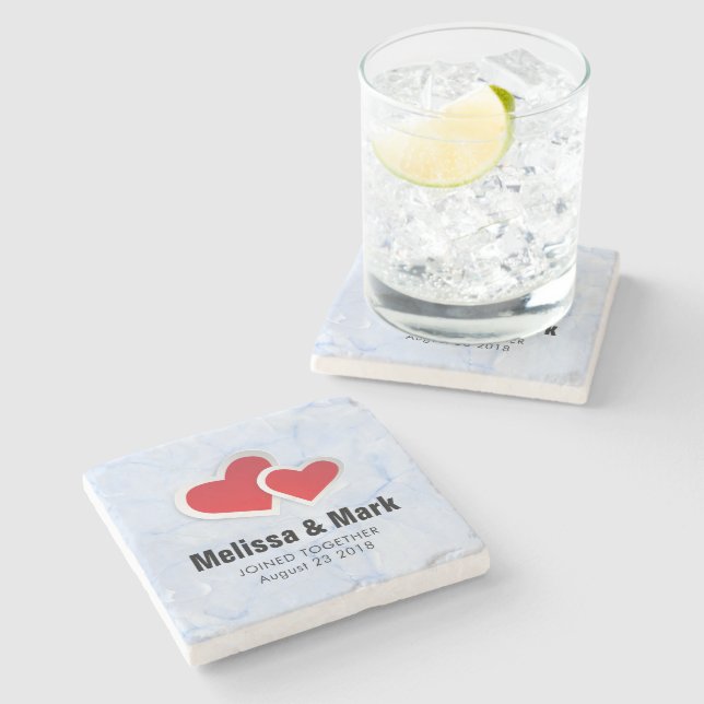 2 Red Paper Hearts on Icy Blue Marble Wedding Stone Coaster (Side)