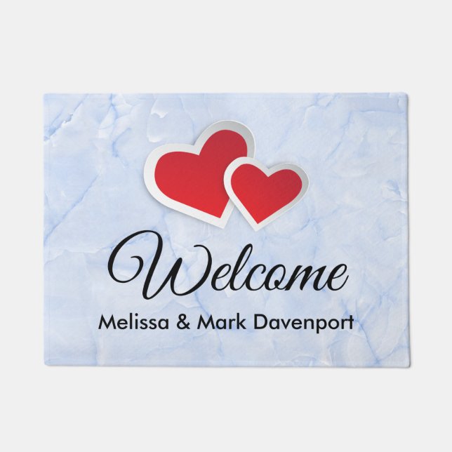 2 Red Paper Hearts on Icy Blue Marble Welcome Doormat (Front)