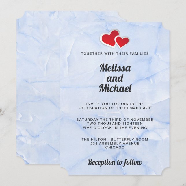 2 Red Paper Hearts on Light Blue Marble Wedding Invitation (Front/Back)