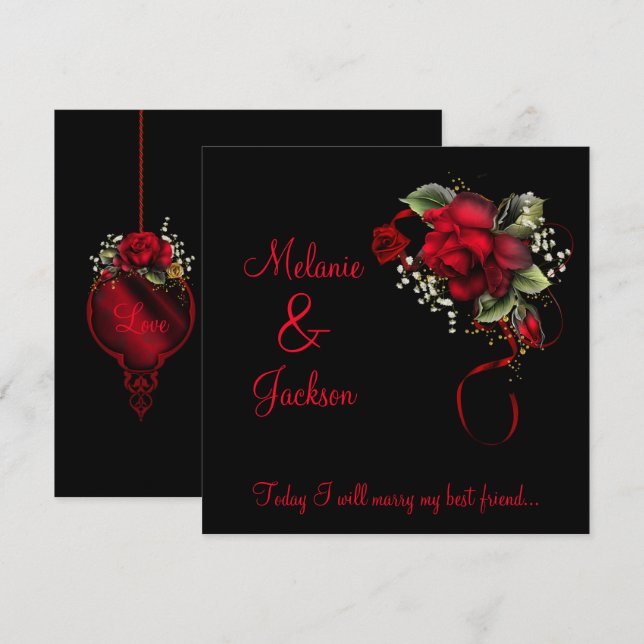 #2 Red Roses Ribbon Babys Breath Wedding Invitation (Front/Back)