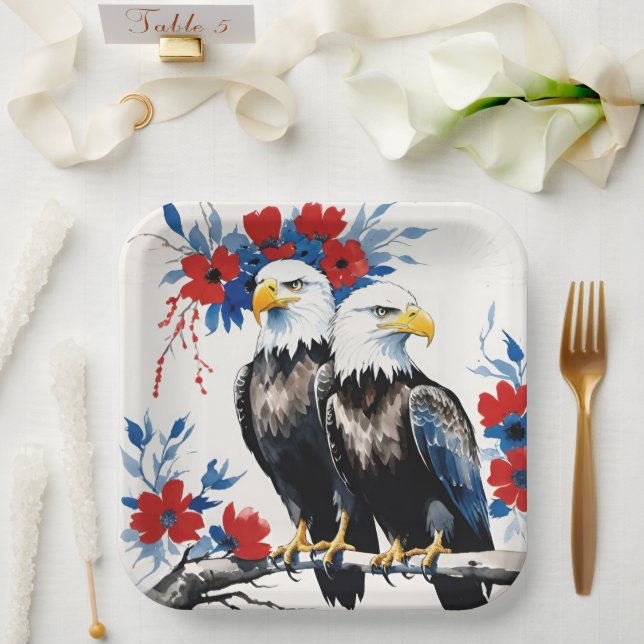 2 Regal American Bald Eagles Standing On A Branch Paper Plate (Wedding)