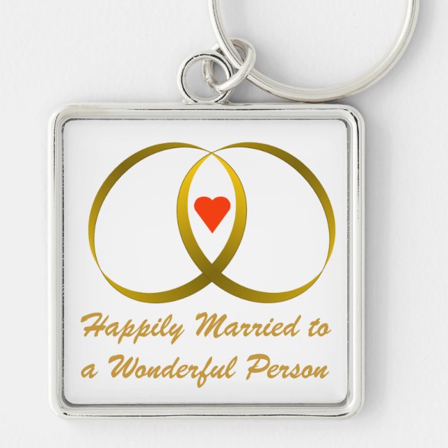 2 rings & heart, Happily Married... Key Ring (Front)