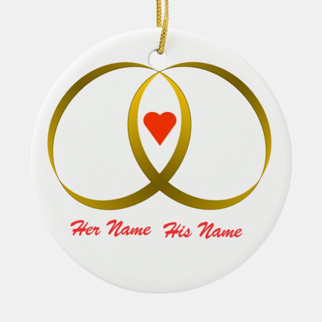 2 rings & heart, Her Name, His Name Ceramic Tree Decoration (Front)
