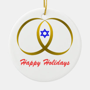2 rings & STAR of DAVID, Happy Holidays Ceramic Tree Decoration
