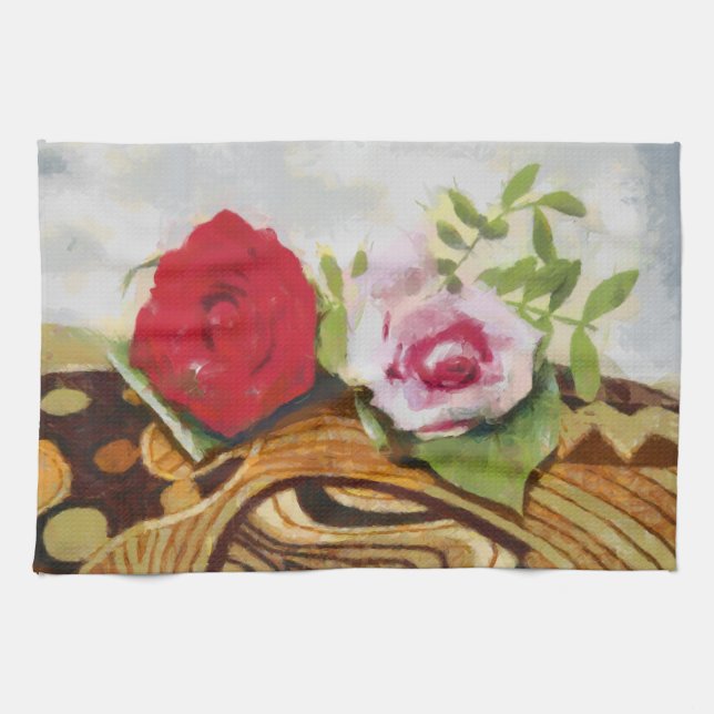 2 roses painting tea towel (Horizontal)