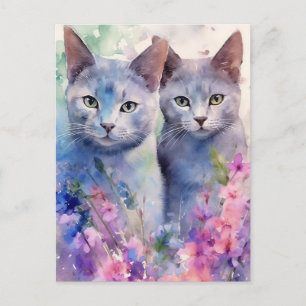 2 Russian Blue Cats flower field Postcard