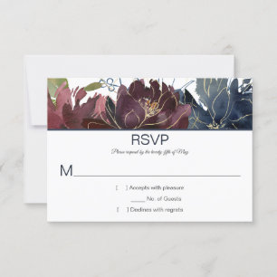 #2 Rustic Navy Burgundy Gold Watercolor Floral Top RSVP Card