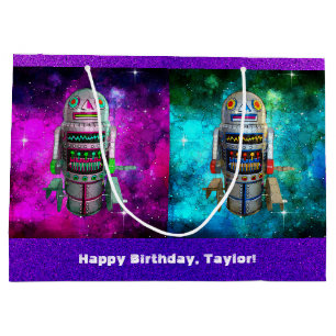 2 sci fi toy robots purple blue galaxy custom name large gift bag